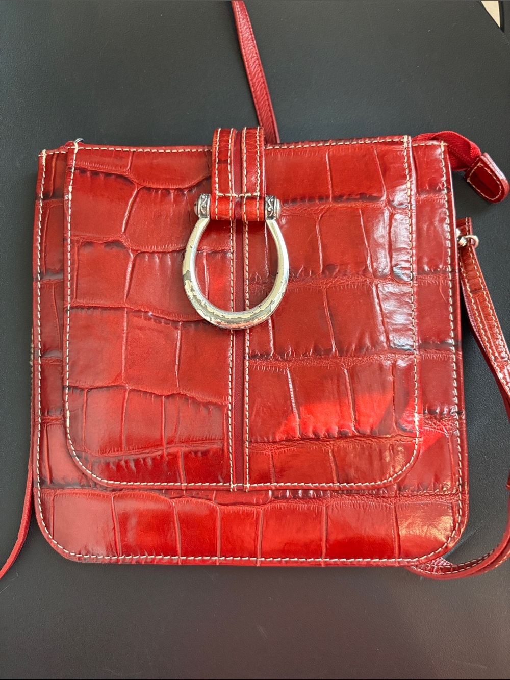 Brighton red leather croc-embossed crossbody bag with silver hardware.